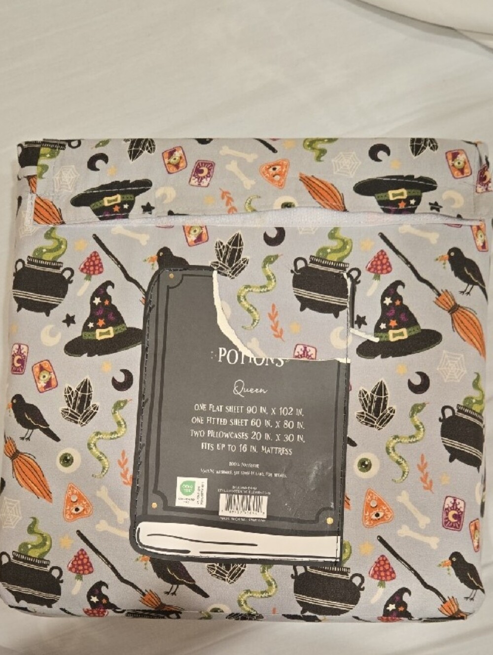 Esoteric Elements Halloween Queen Sheet Set Gray w Black, Green, Orange Accents - Picture 2 of 4